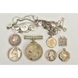 A SELECTION OF NECKLACES, COINS AND PENDANTS, to include four white metal necklaces such as a pear