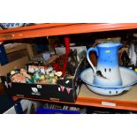 TWO BOXES OF CERAMICS, MODERN DECORATIVE ITEMS, etc, an early 20th century pottery wash jug and