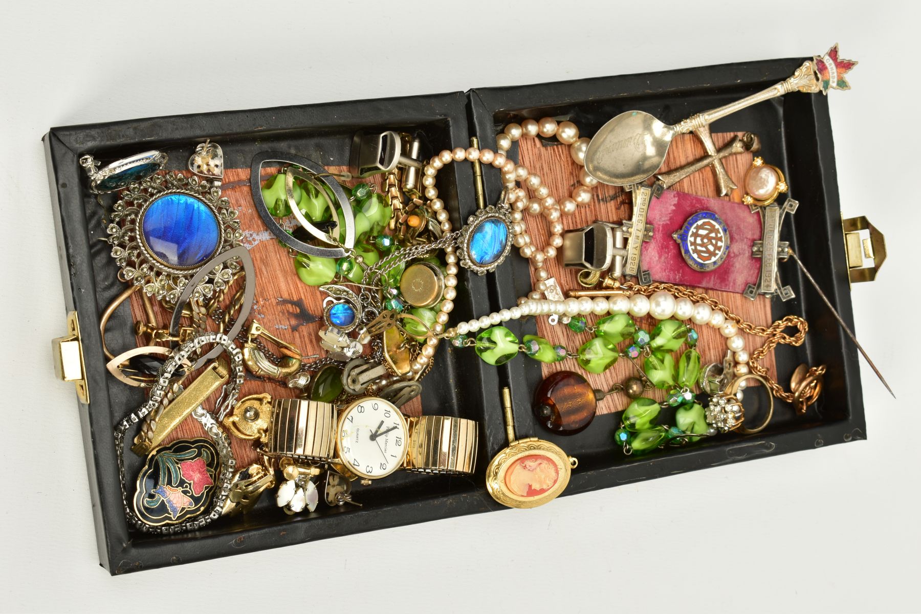 A BOX OF COSTUME JEWELLERY, to include eleven pairs of pierced and non-pierced earrings, a white