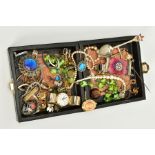 A BOX OF COSTUME JEWELLERY, to include eleven pairs of pierced and non-pierced earrings, a white