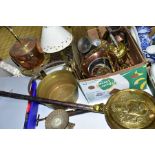 COPPER AND BRASS etc to include Art Nouveau door furniture, jam pan, kettles, bed warmer, vases,