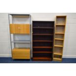 A MODERN METAL AND OAK FINISH BOOKCASE, with double door cupboard, two drawers and shelves, width