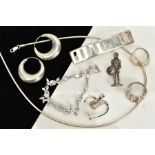 A COLLECTION OF WHITE METAL JEWELLERY to include a cubic zirconia pendant and bracelet, a snake