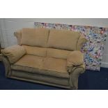 AN OATMEAL UPHOLSTERED TWO SEATER SETTEE, together with a Voyage Maison 6' floral headboard (2)