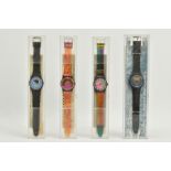 FOUR SWATCH WRISTWATCHES, of various designs and colours, all fitted with rubber straps, all