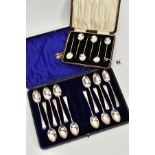 TWO CASED SETS OF CUTLERY, to include a small brown case with a set of six silver coffee spoons with