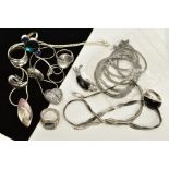 A COLLECTION OF WHITE METAL JEWELLERY to include various pendants and gem set rings and chains to