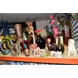 A GROUP OF VARIOUS VASES, ORNAMENTS, DRIED FLOWERS ETC, to include wooden elephant, teddy bears,