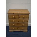 A PINE CHEST OF TWO SHORT OVER THREE LONG DRAWERS, width 77cm x depth 43cm x height 85cm