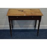 A VICTORIAN STAINED PINE SIDE TABLE, with two drawers, width 91cm x depth 45cm x height 72cm