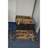 A CARPENTERS TOOLBOX including a Record No. 4 1/2 plane, Marples hatchets and other, Stanley Spoke