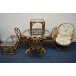 A WICKER CONSERVATORY SUITE, comprising a circular glass top table, four chairs, a swivel egg chair,