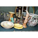 A CIRCULAR GILT FRAMED MIRROR AND A GROUP OF CERAMICS AND GLASSWARE, including a Bursley Ware