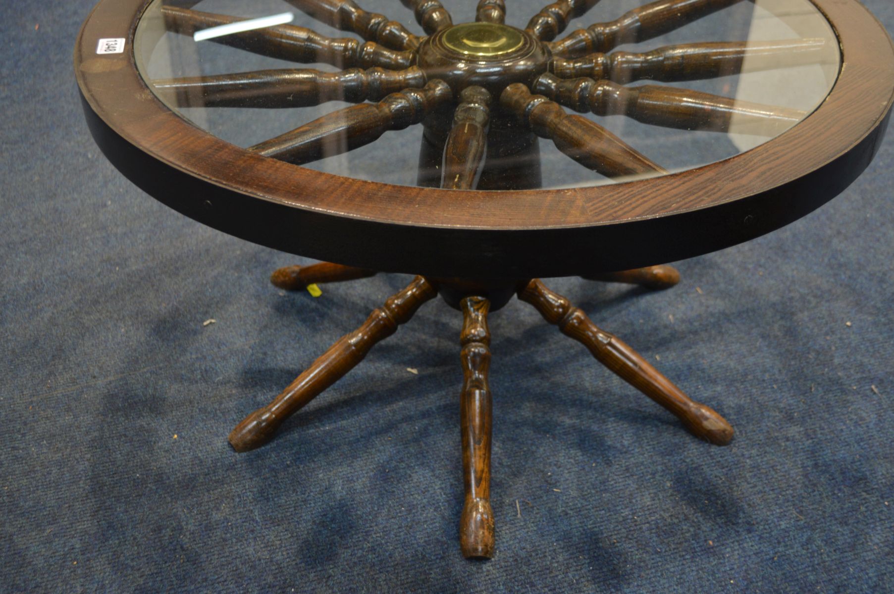 AN OAK NOVELTY SHIPS WHEEL COFFEE TABLE with a glass insert, diameter 75cm x height 42cm - Image 2 of 2