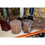 FOUR LATE 19TH/20TH CENTURY LEATHER/WOODEN HEXAGONAL CONCERTINA CASES AND THREE OTHER CASES OF