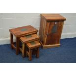 A SMALL MANGO WOOD SINGLE DOOR CUPBOARD and a matching nest of three tables (2)