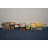 NINE VARIOUS BOXES, containing cushions of different colours and sizes, and various curtains