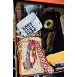A BOX OF SUNDRY ITEMS, to include a bag of knitting needles, telephone with large buttons, barometer
