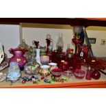 A GROUP OF 19TH AND 20TH CENTURY CRANBERRY AND OTHER COLOURED GLASSWARE, including an early 20th
