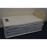 A SILENT NIGHT SINGLE DIVAN BED, with drawers, mattress and cream painted headboard