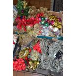 THREE BOXES OF CHRISTMAS DECORATIONS to include baubles, artificial Poinsettia flowers, assorted