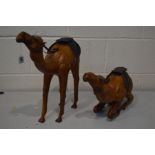 TWO VARIOUS LEATHER CAMELS, one standing and one seated