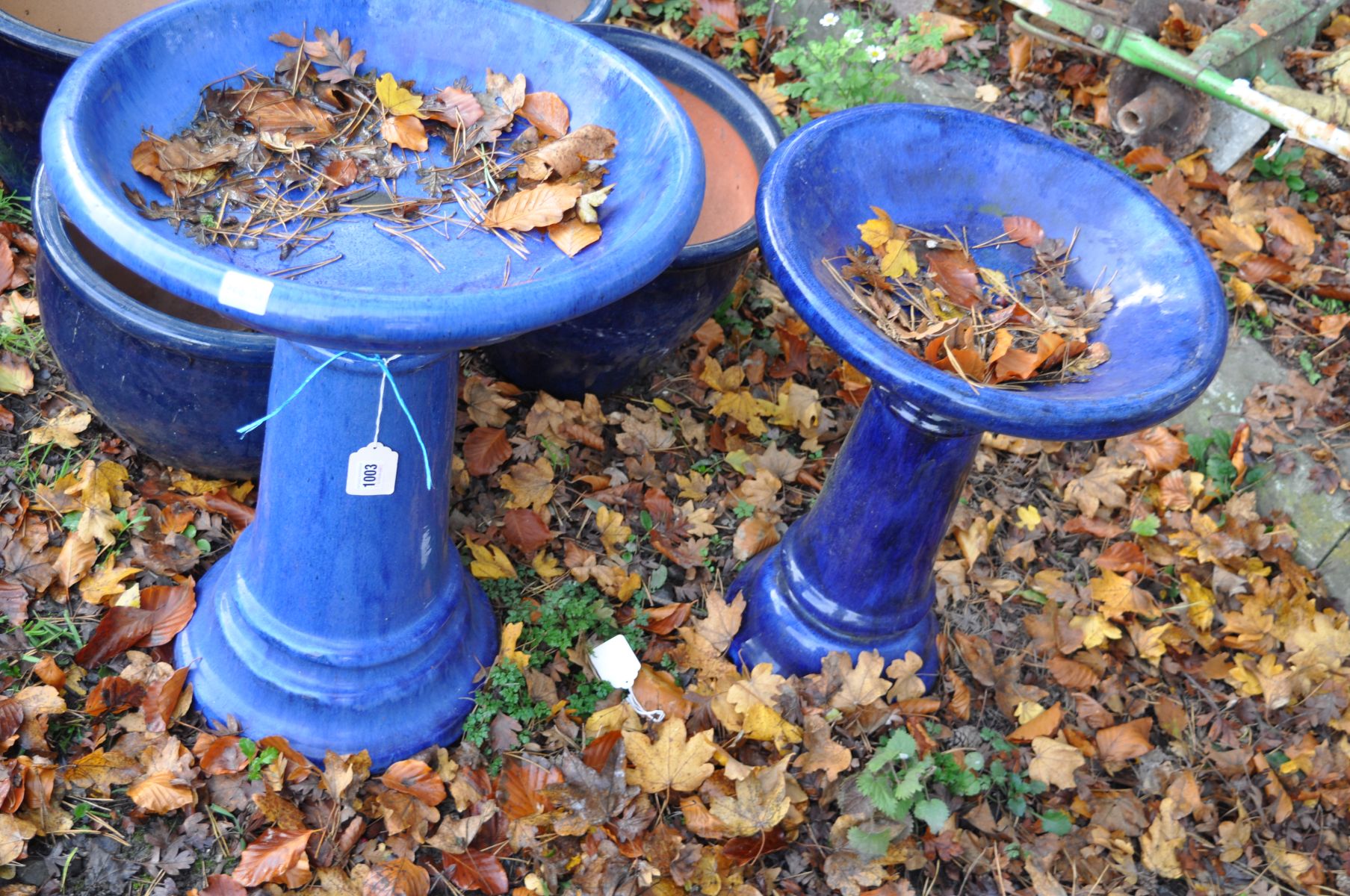 FOUR SIMILAR GLAZED GARDEN PLATERS (largest diameter 39cm) and two glazed bird baths (largest - Image 2 of 3