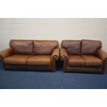 A BROWN LEATHER TWO PIECE LOUNGE SUITE, comprising two sized two seater settee's, width 206cm and