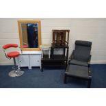 A QUANTITY OF OCCASIONAL FURNITURE, to include a bright red leather and chrome swivel bar stool,