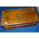 A LATE 19TH CENTURY WALNUT TWO DRAWER ADVERTISING COUNTER CHEST, with top front and back lettering