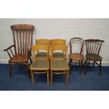 A STAINED BEECH WINDSOR ARMCHAIR, together with four beech bentwood chairs, another bentwood chair