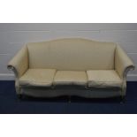 A REPRODUCTION SPOTTED GOLD UPHOLSTERED THREE SEATER SETTEE, width 200cm