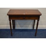 A 19TH CENTURY MAHOGANY FOLD OVER TEA TABLE, with a single drawer on turned legs, width 91cm x