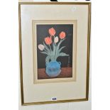 YOSHIJIRO URUSHIBARA (JAPAN 1888-1953), tulips in a blue vase, a limited edition woodblock print,