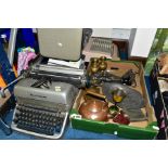 A BOX OF METALWARES, ETC, including a Remington typewriter, a cased Lilliput typewriter, a cased