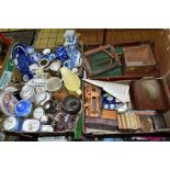 THREE BOXES AND LOOSE SUNDRY ITEMS to include vintage wooden table skittles and shove halfpenny