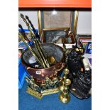 A QUANTITY OF BRASS, COPPER, TWO CAST IRON DOOR STOPS, AND A BOX OF LE BLOND PRINTS,ETC, including a