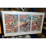 A JAPANESE TRIPTYCH WOODBLOCK PRINT, depicting female figures being entertained by performers and