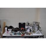 A METAL TOOLBOX AND A BOX CONTAINING TOOLS, including a Performance 1/2 sheet sander, a