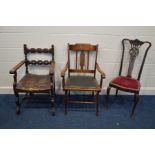 AN EARLY 20TH CENTURY OAK ARTS AND CRAFTS STYLE OPEN ARMCHAIR, in the manner of Morris and Co,