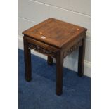 A SQUARE ORIENTAL ROSEWOOD OCCASIONAL TABLE, with four carved panels, 40.5cm x height 51.5cm (sd)