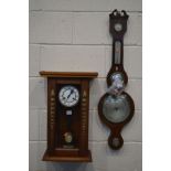 A 19TH CENTURY ROSEWOOD WHEEL BAROMETER (sd) together with a mahogany wall clock (2)