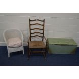 AN OAK RUSH SEATED LADDER BACK ROCKING CHAIR, together with a Lloyd loom wicker bedroom chair and