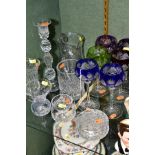 A GROUP OF COLOURED AND CLEAR GLASSWARE, including a set of six hock glasses with cut to clear