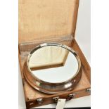 A CASED, SILVER PLATED MIRRORED CAKE STAND WITH KNIVE, of circular design, mirrored base with