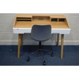 A MODERN BEECH FINISH DESK with two drawers, width 111cm x depth 57cm x height 87cm (sd) and a