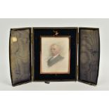 A CASED MINIATURE PORTRAIT, the blue and gold trim case, opens to reveal a miniature portrait of a