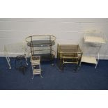 A QUANTITY OF METAL OCCASIONAL FURNITURE, to include a brassed two tier smoked glass trolley,