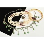 A SELECTION OF JEWELLERY, to include a multi strand cultured pearl and garnet bead necklace,