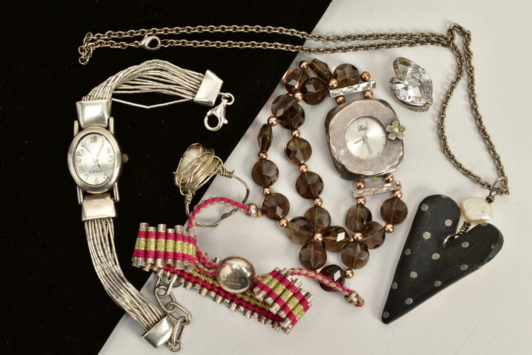 A SELECTION OF ITEMS, to include 'Links London' silver and pink cord pull bracelet, beaded clasp